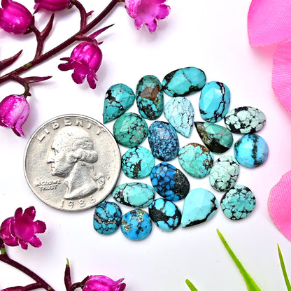 14,55 ct tibetischer Türkis-Cabochon im Rosenschliff, 7 x 9 mm – 7 x 10 mm, gemischte Form, Edelsteinpaket der Güteklasse AA, insgesamt 13 Stück