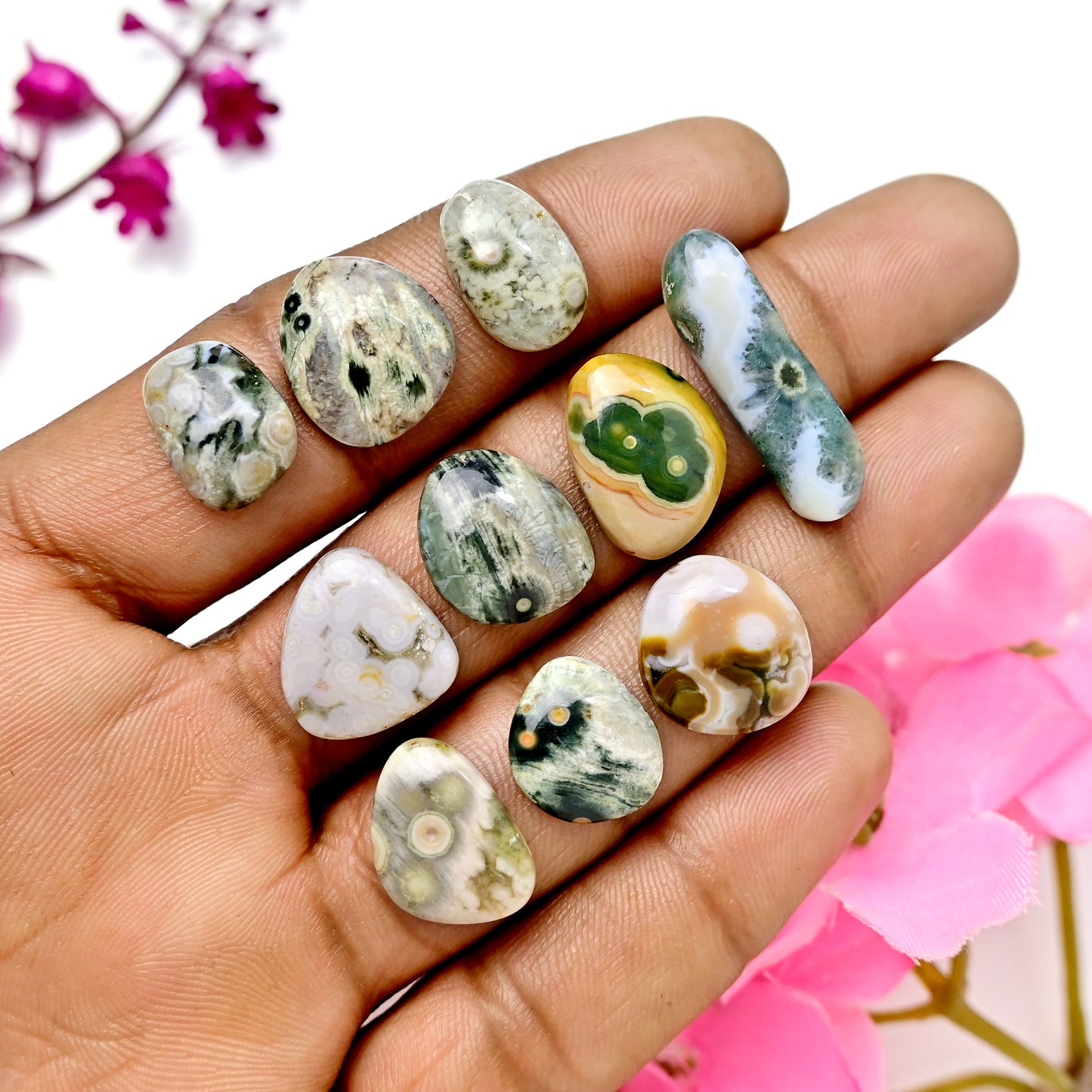 63.1 carats Ocean Jasper Cabochon Freeform Shape  8x26mm - 10x13mm AA Grade Gemstone Parcel - Total 10 Pcs