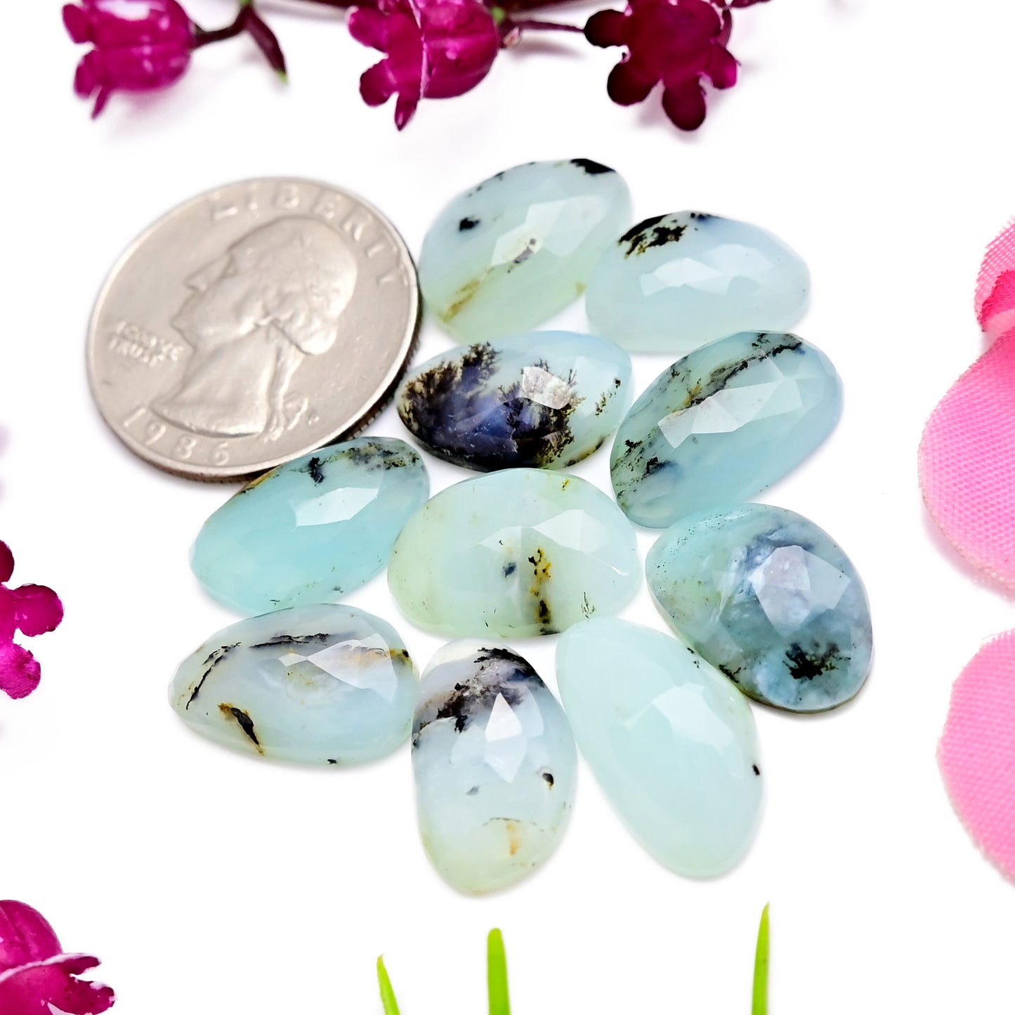 42.8cts Peruvian Blue Opal Rosecut 10x18mm - 11x16mm Free Form Shape AA Grade Gemstone Parcel -Total 10 Pcs