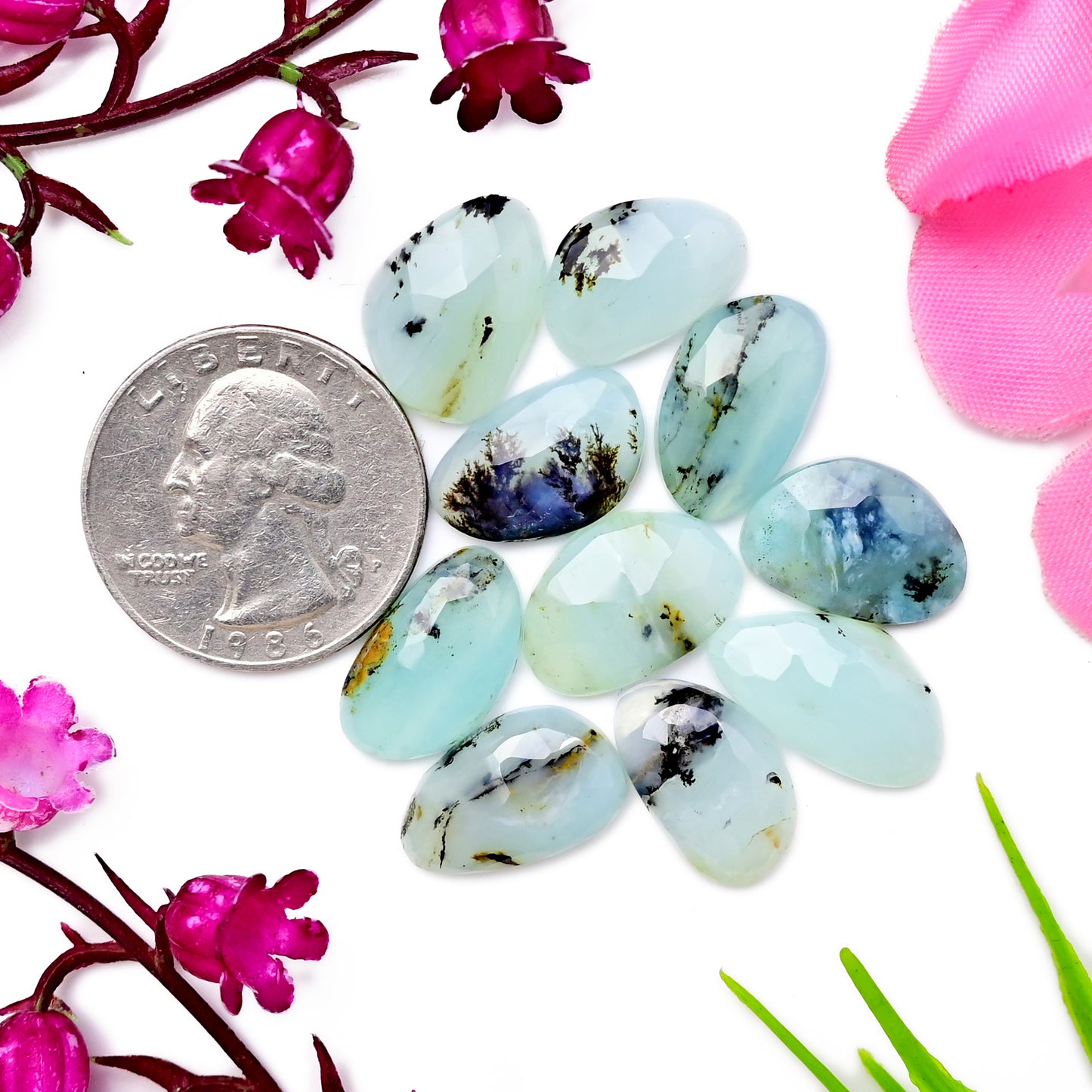 42.8cts Peruvian Blue Opal Rosecut 10x18mm - 11x16mm Free Form Shape AA Grade Gemstone Parcel -Total 10 Pcs