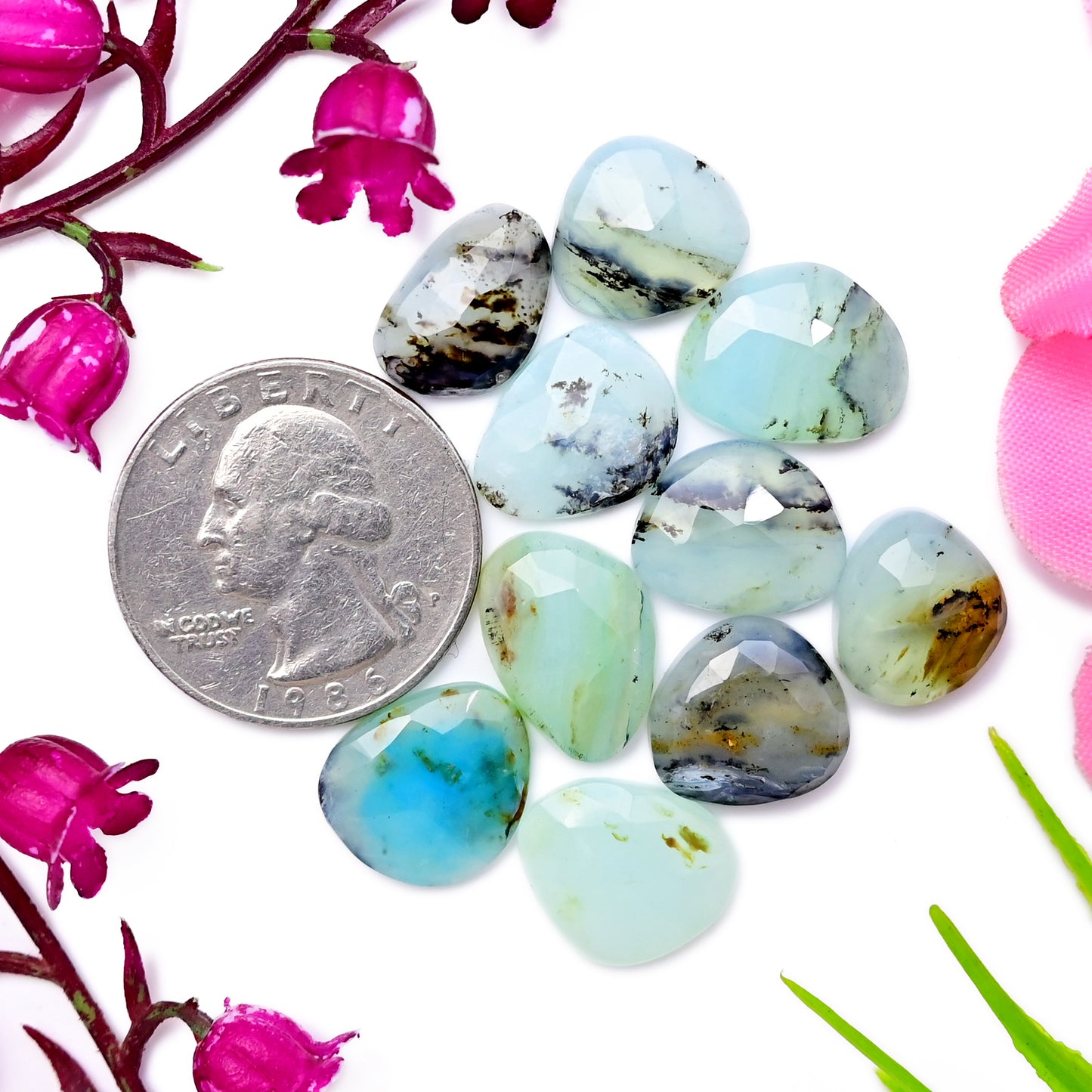 39.9cts Peruvian Blue Opal Rosecut 12x15mm - 11x16mm Free Form Shape AA Grade Gemstone Parcel -Total 10 Pcs