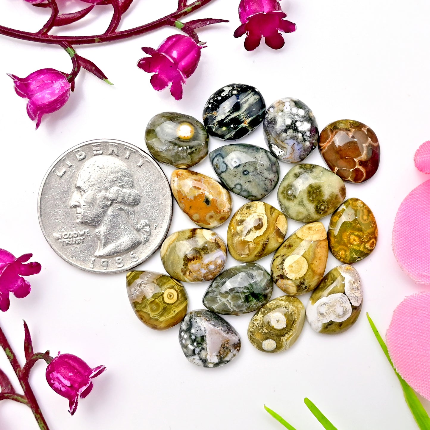 61.3carats Ocean Jasper Cabochon Freeform Shape 8x11mm - 9x13mm AA Grade Gemstone Parcel - Total 16 Pcs