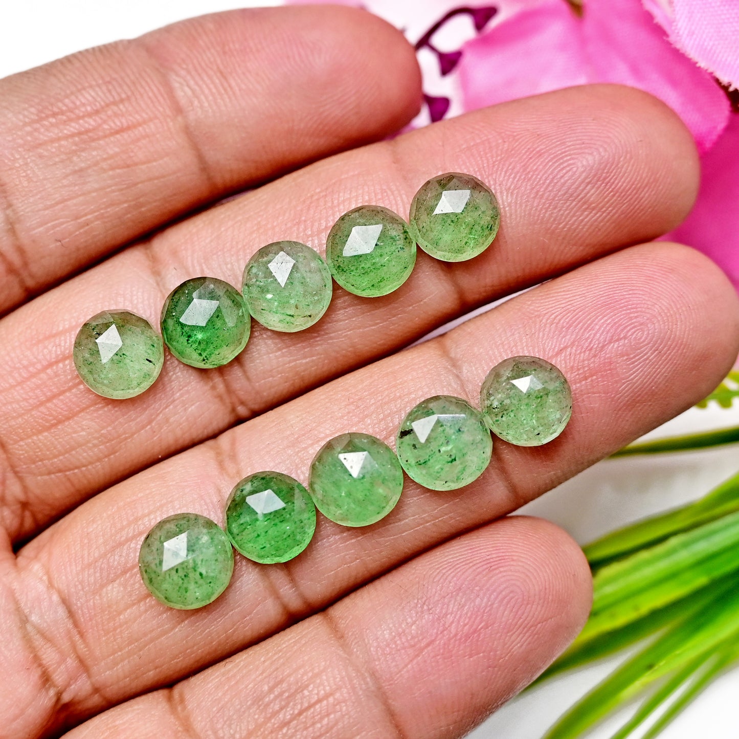 21.1cts Green Strawberry Quartz Rosecut Cabochon Round Shape 8X8mm AA Grade Gemstone Parcel - Total 10 Pcs