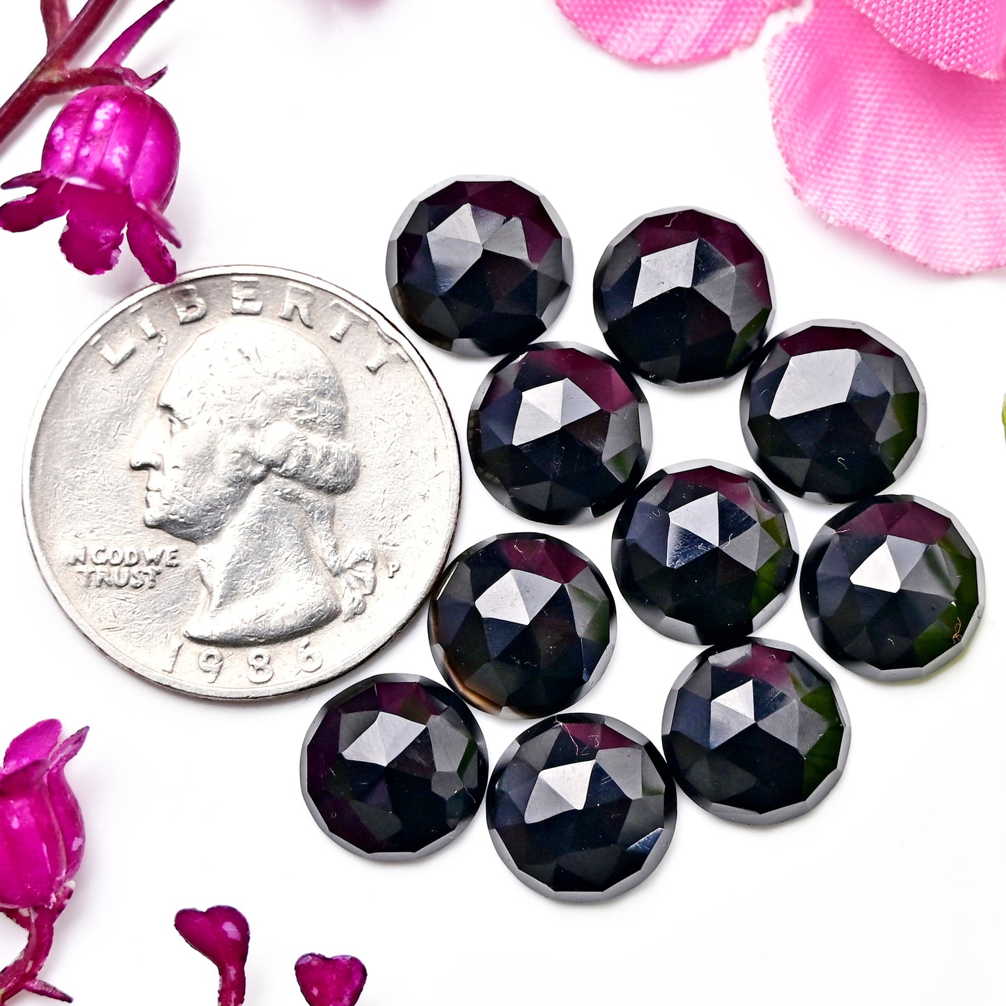 41,90 ct Schwarzer Onyx-Rosenschliff-Cabochon 7 x 10 mm – 9 x 14 mm, Edelsteinpaket der Güteklasse AA, insgesamt 15 Stück