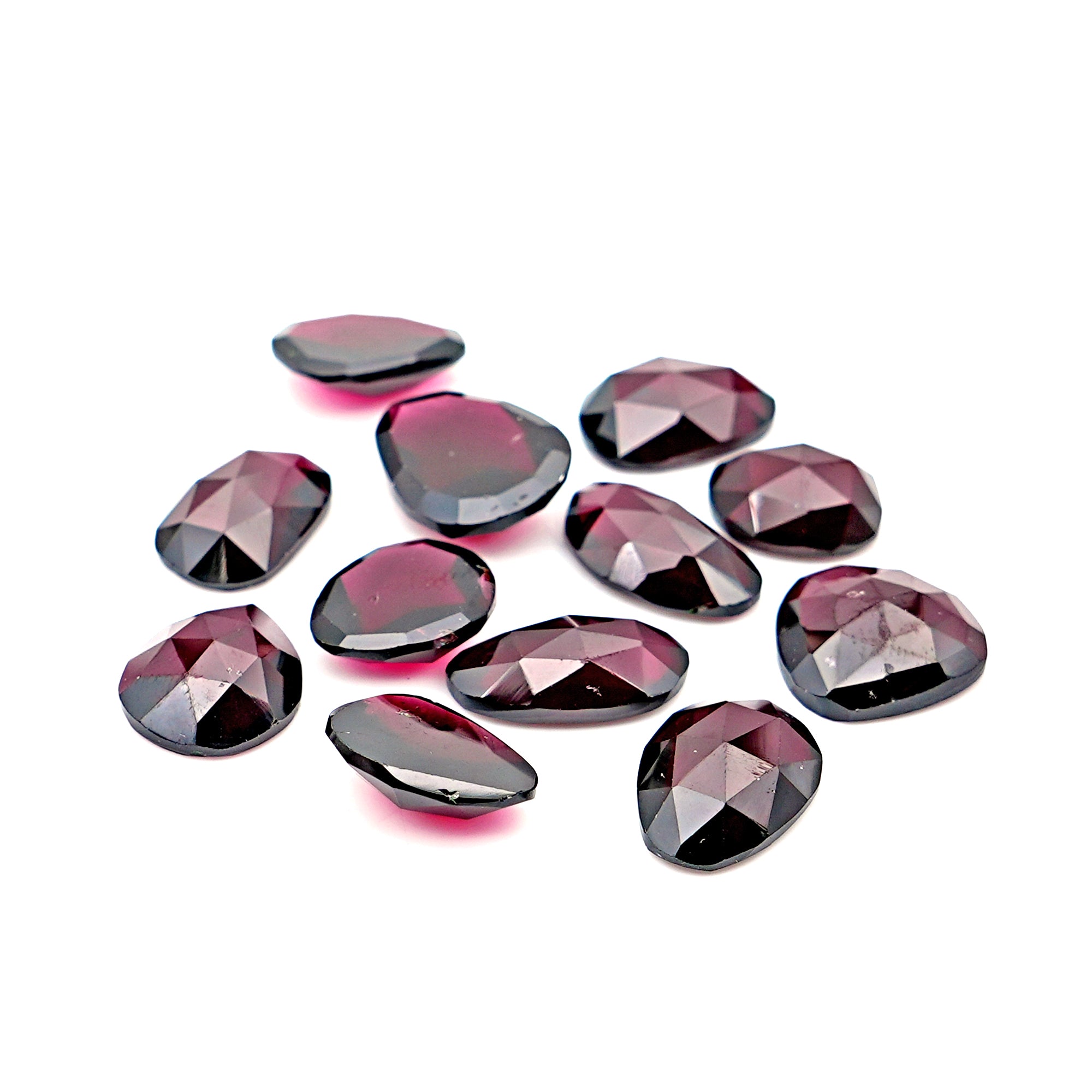 Rhodolite Garnet Rose Cut Cabochons | Deep Plum Pink Freeform Faceted Gems - 12 Pieces