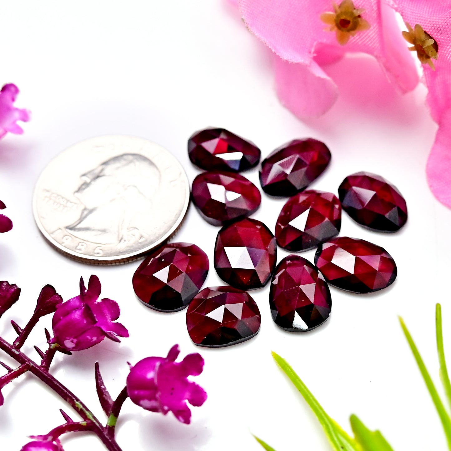 43.4cts Rhodolite Garnet Rosecut Cabochon Shape : Freeform Shape 8X13mm AA Grade Gemstone Parcel - Total 10 Pcs