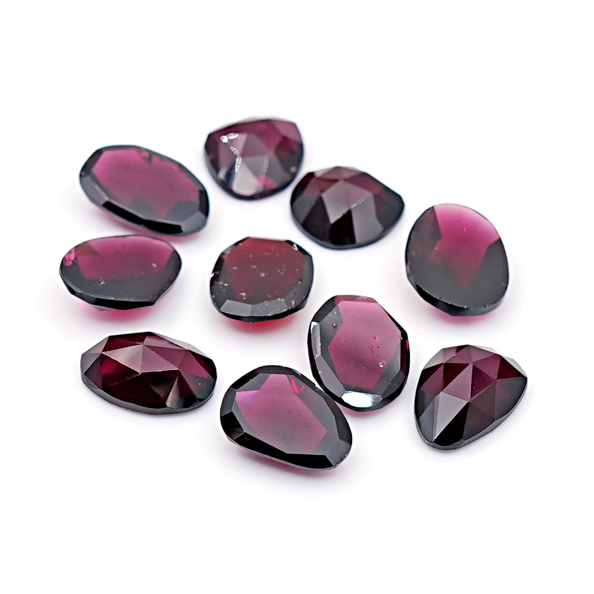 Rhodolite Garnet Rosecut Cabochons – Deep Plum Pink Freeform Faceted Gems - 10 Pieces