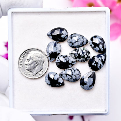 25.3cts Snowflake Obsidian Rosecut Cabochon CALIBRATED, Obsidian Loose Stone, Tear Drop Shape 8X12mm Obsidian Lot, Semi Precious Gemstone Cabochon 10 pcs