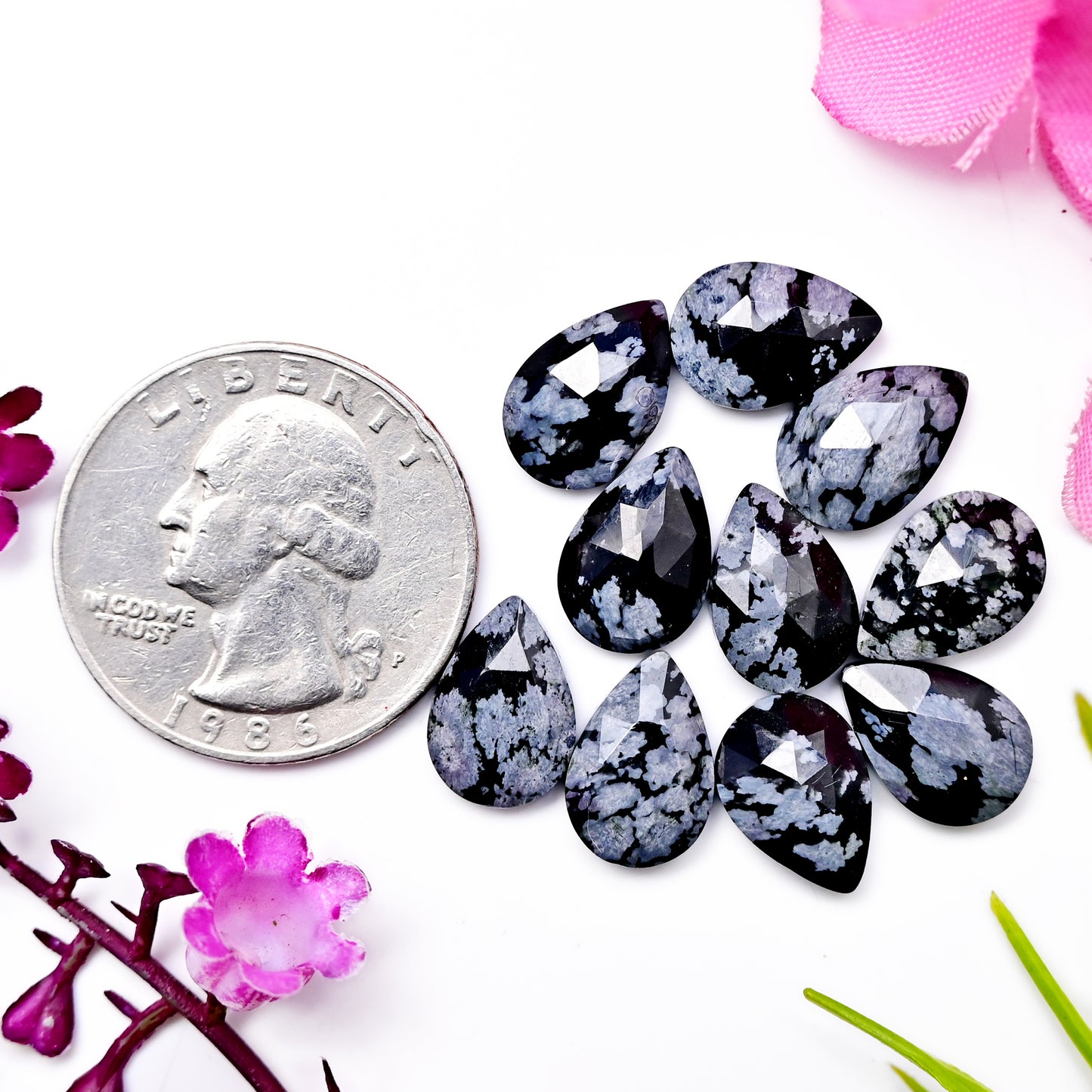 25.3cts Snowflake Obsidian Rosecut Cabochon CALIBRATED, Obsidian Loose Stone, Tear Drop Shape 8X12mm Obsidian Lot, Semi Precious Gemstone Cabochon 10 pcs