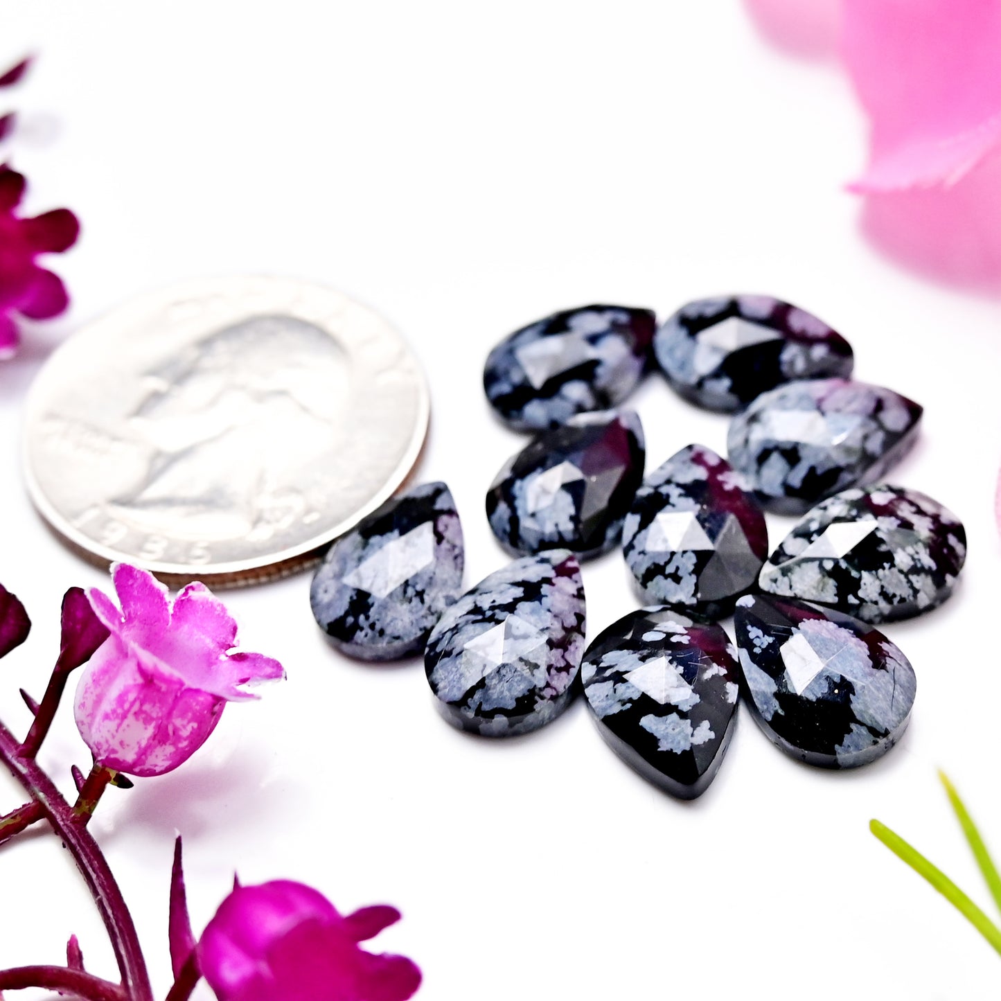 25.3cts Snowflake Obsidian Rosecut Cabochon CALIBRATED, Obsidian Loose Stone, Tear Drop Shape 8X12mm Obsidian Lot, Semi Precious Gemstone Cabochon 10 pcs