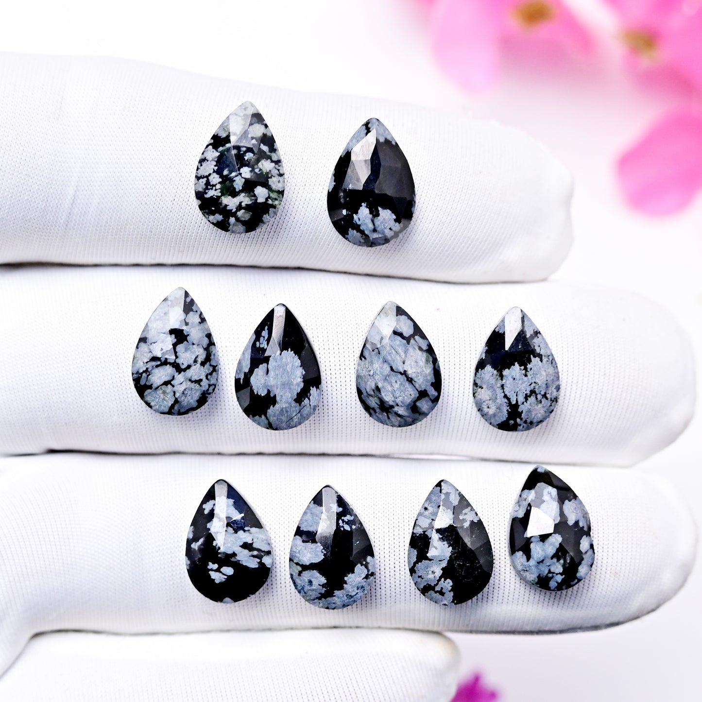 25.3cts Snowflake Obsidian Rosecut Cabochon CALIBRATED, Obsidian Loose Stone, Tear Drop Shape 8X12mm Obsidian Lot, Semi Precious Gemstone Cabochon 10 pcs