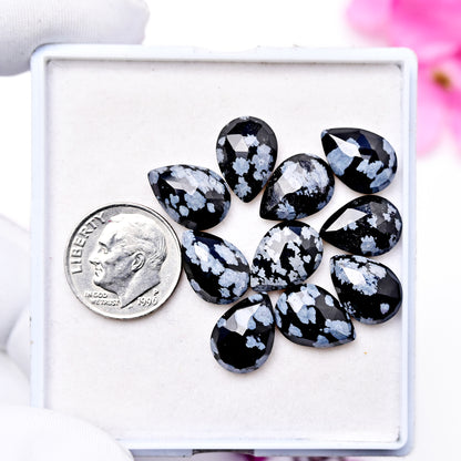 29.1cts Snowflake Obsidian Rosecut Cabochon CALIBRATED, Obsidian Loose Stone, Tear Drop Shape 11X13mm Obsidian Lot, Semi Precious Gemstone Cabochon 10 pcs