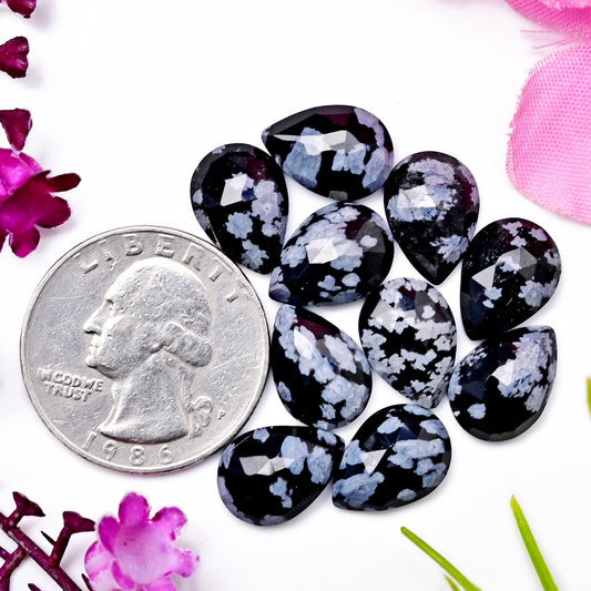 29.1cts Snowflake Obsidian Rosecut Cabochon CALIBRATED, Obsidian Loose Stone, Tear Drop Shape 11X13mm Obsidian Lot, Semi Precious Gemstone Cabochon 10 pcs