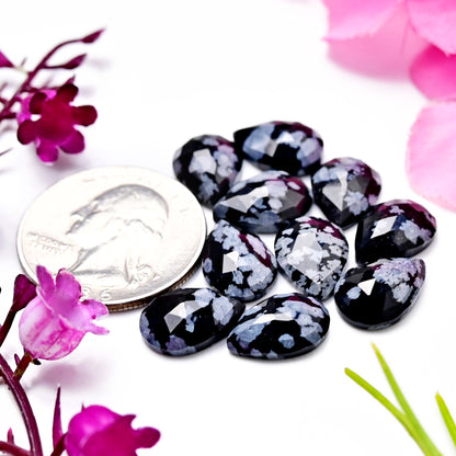 29.1cts Snowflake Obsidian Rosecut Cabochon CALIBRATED, Obsidian Loose Stone, Tear Drop Shape 11X13mm Obsidian Lot, Semi Precious Gemstone Cabochon 10 pcs