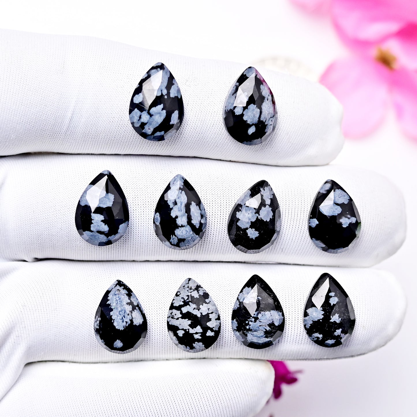 29.1cts Snowflake Obsidian Rosecut Cabochon CALIBRATED, Obsidian Loose Stone, Tear Drop Shape 11X13mm Obsidian Lot, Semi Precious Gemstone Cabochon 10 pcs