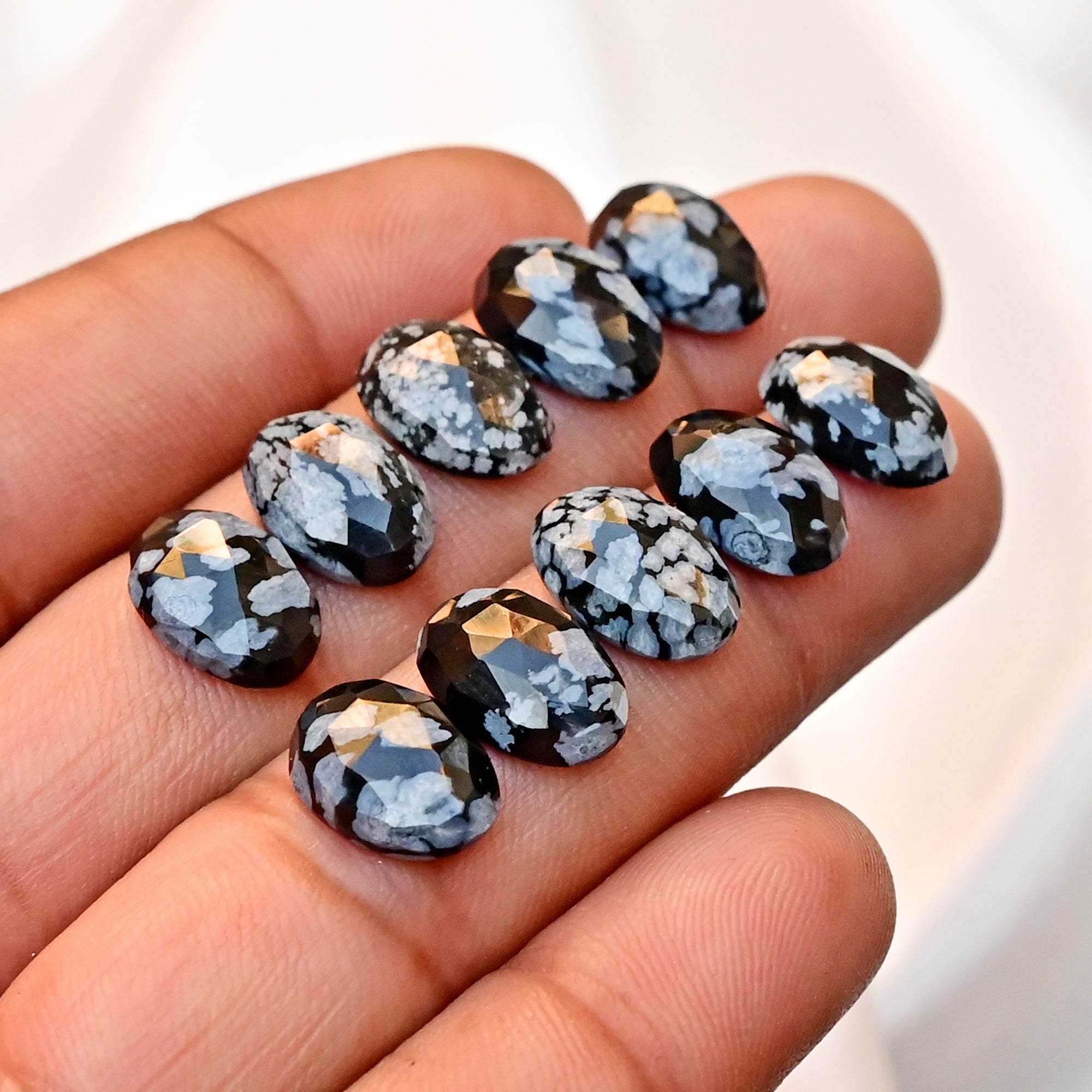 Snowflake Obsidian Rose Cut Smooth Cabochons | Freeform Shape Polished Stones for Jewelry Making - 10 Pieces
