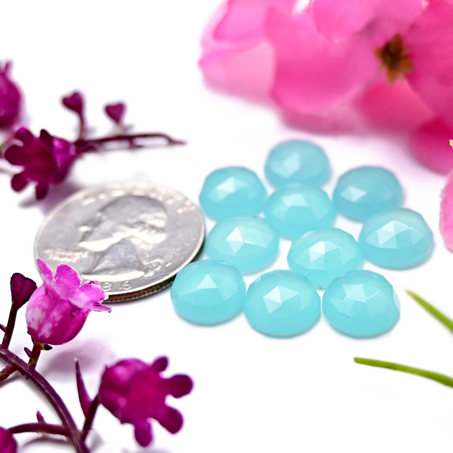 27,35 ct Aquamarin-Chalcedon, Rosenschliff, 8 mm, runde Form, Edelsteinpaket der Güteklasse AA, insgesamt 15 Stück