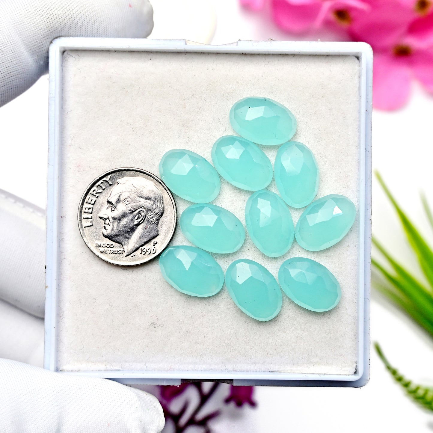 27,35 ct Aquamarin-Chalcedon, Rosenschliff, 8 mm, runde Form, Edelsteinpaket der Güteklasse AA, insgesamt 15 Stück