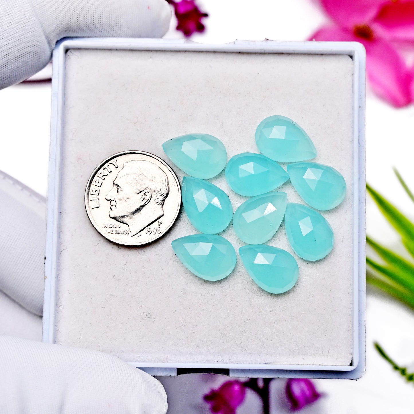 27,35 ct Aquamarin-Chalcedon, Rosenschliff, 8 mm, runde Form, Edelsteinpaket der Güteklasse AA, insgesamt 15 Stück