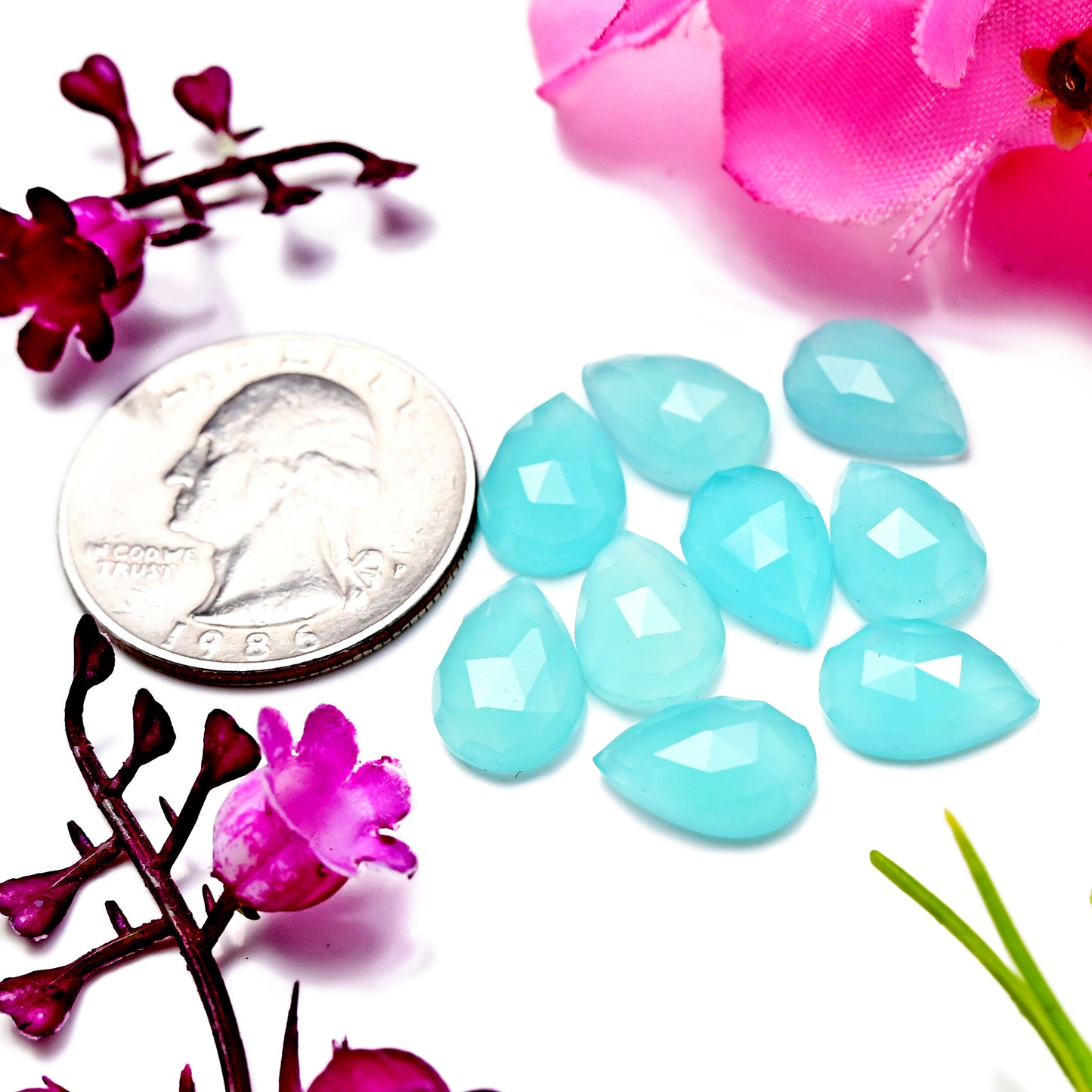 27,35 ct Aquamarin-Chalcedon, Rosenschliff, 8 mm, runde Form, Edelsteinpaket der Güteklasse AA, insgesamt 15 Stück