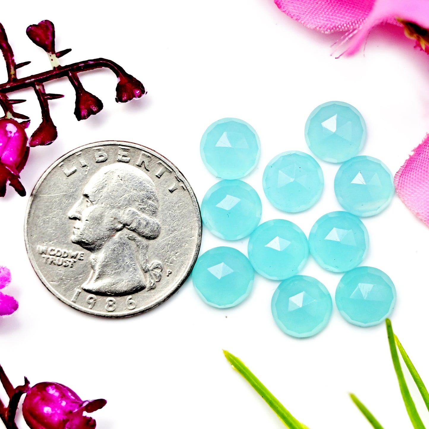 27,35 ct Aquamarin-Chalcedon, Rosenschliff, 8 mm, runde Form, Edelsteinpaket der Güteklasse AA, insgesamt 15 Stück