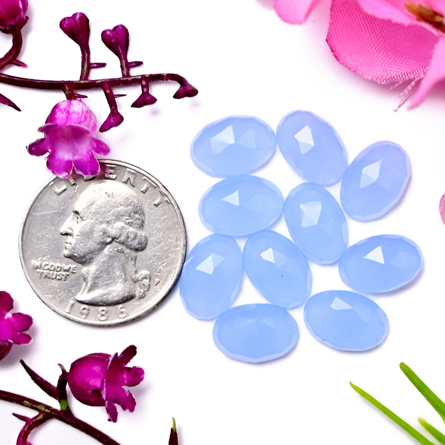 31.5cts Blue Chalcedony Rose Cut 8x12mm Oval Shape AA Grade Gemstone Parcel - Total 10 Pcs