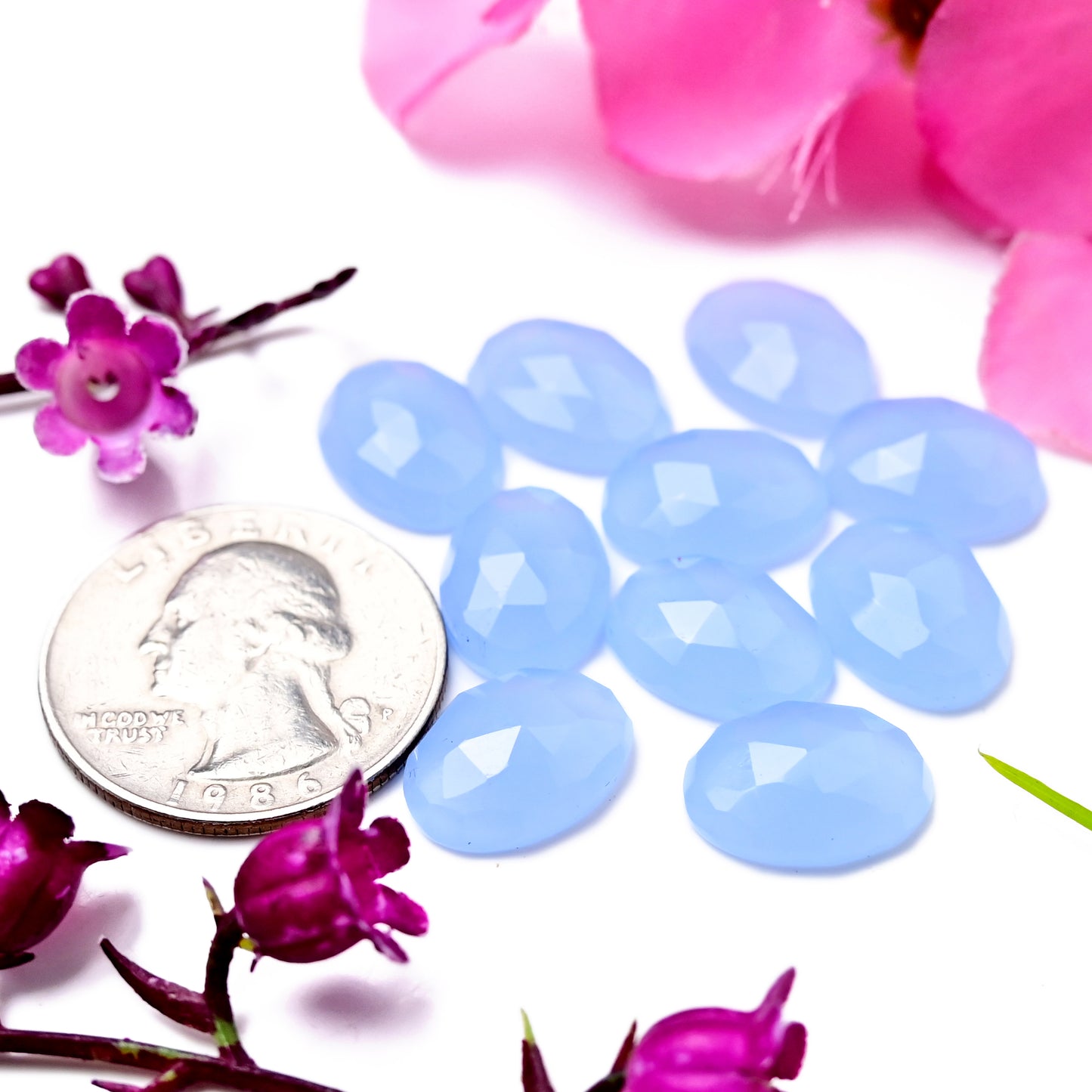 31,4 Karat blauer Chalcedon im Rosenschliff, 8 mm, runde Form, Edelsteinklasse AA, Paket – insgesamt 15 Stück