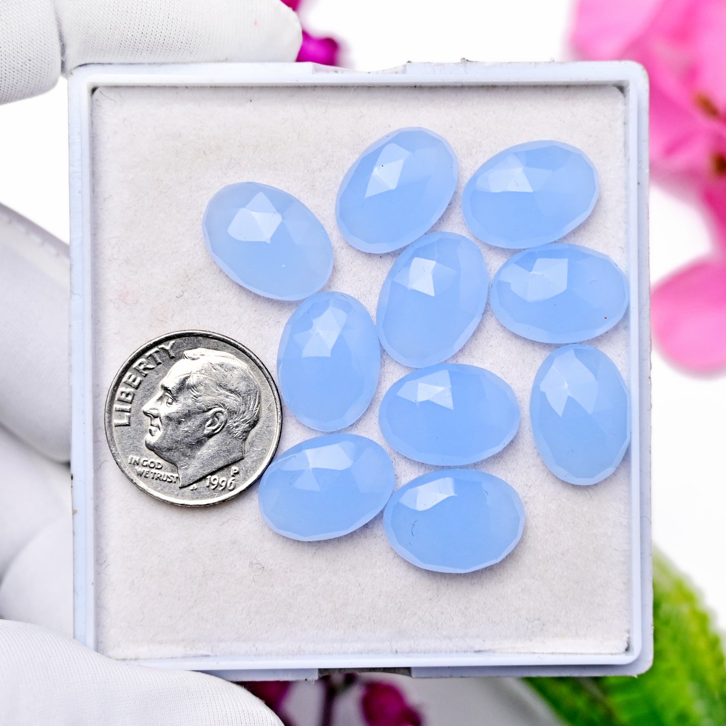 31,4 Karat blauer Chalcedon im Rosenschliff, 8 mm, runde Form, Edelsteinklasse AA, Paket – insgesamt 15 Stück