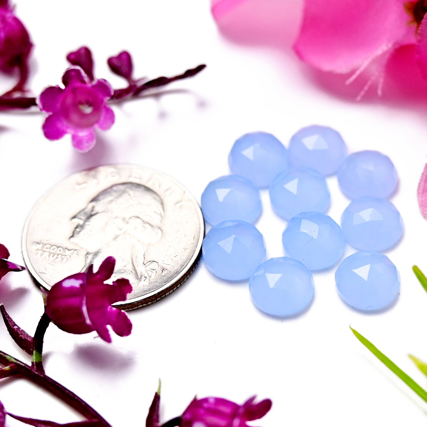 31,4 Karat blauer Chalcedon im Rosenschliff, 8 mm, runde Form, Edelsteinklasse AA, Paket – insgesamt 15 Stück