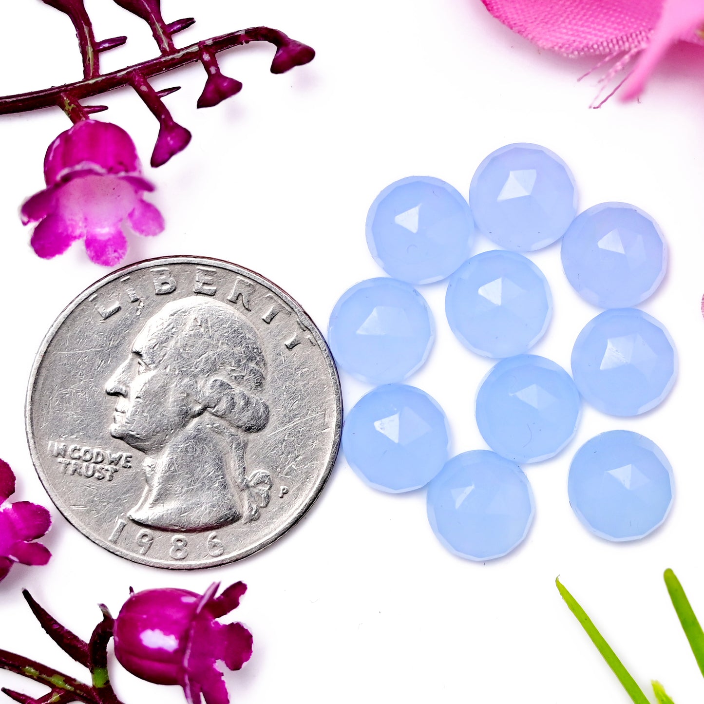 31,4 Karat blauer Chalcedon im Rosenschliff, 8 mm, runde Form, Edelsteinklasse AA, Paket – insgesamt 15 Stück