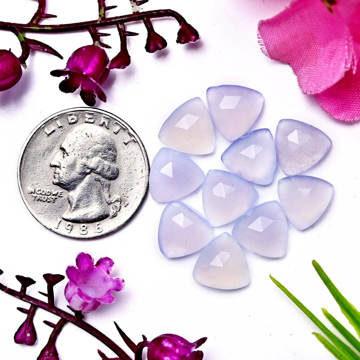 31.4cts Blue Chalcedony Rose Cut 10x10mm Trillian Shape AA Grade Gemstone Parcel - Total 10 Pcs