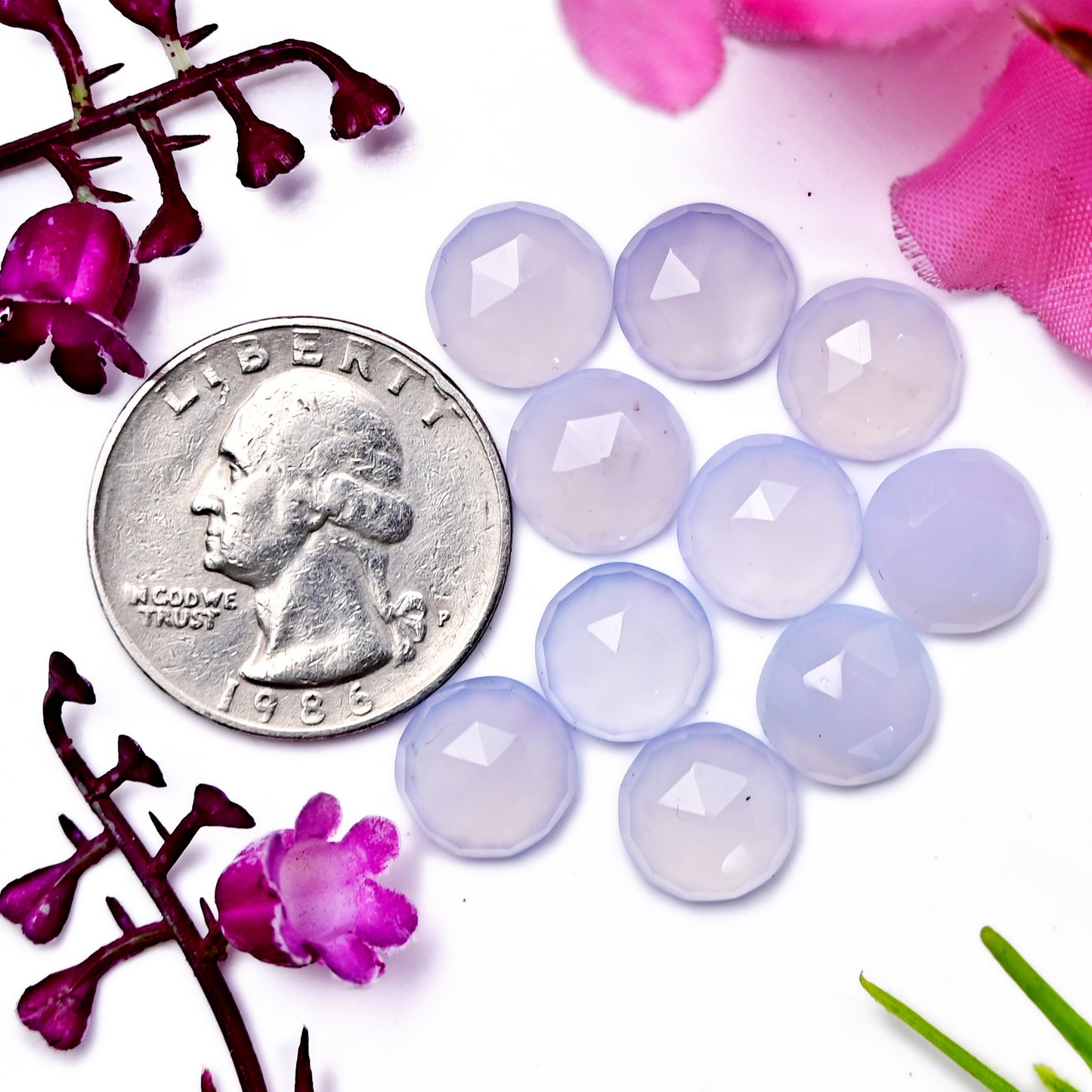 33.5cts Blue Chalcedony Rose Cut 10x10mm Round Shape AA Grade Gemstone Parcel - Total 10 Pcs