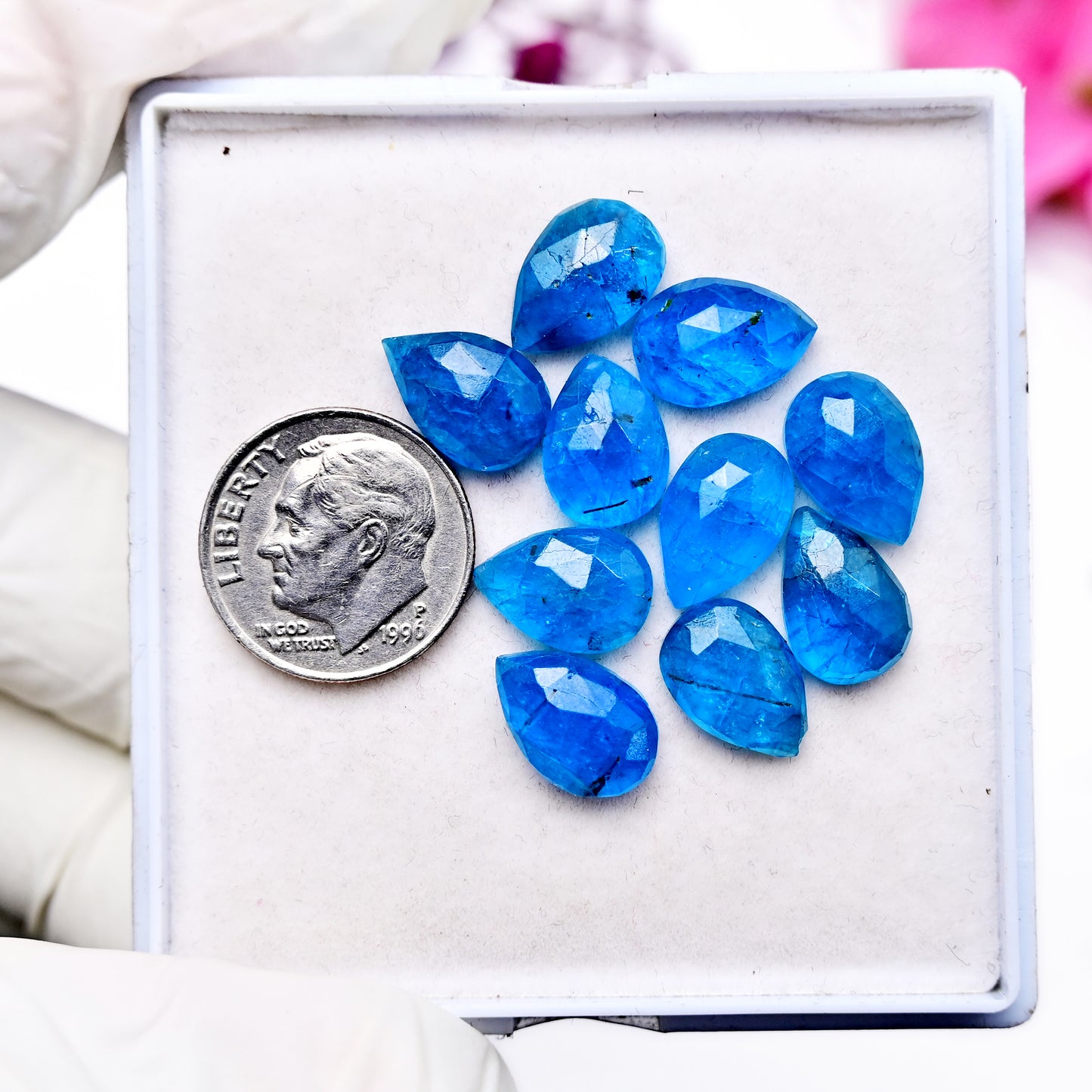 32.1cts Neon Blue Apatite Rosecut Cabochon 8x12mm Pear Shape AA Grade Gemstone Parcel - Total 10 Pcs