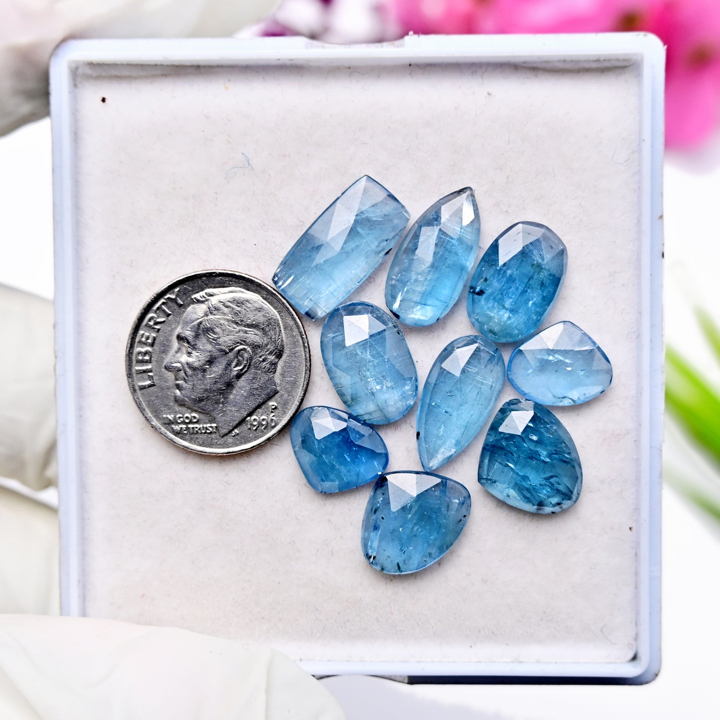 24.8cts Aquamarine Kyanite Rose Cut  8x10mm - 7x14mm Baguette Shape AA Grade Gemstone Parcel - Total 9 Pcs