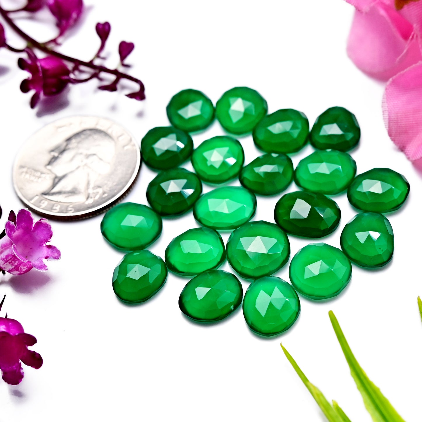 57cts Green onyx Rose Cut  8x10mm - 9x12mm AA Grade Freeform Shape Gemstone Parcel - Total 20 Pcs