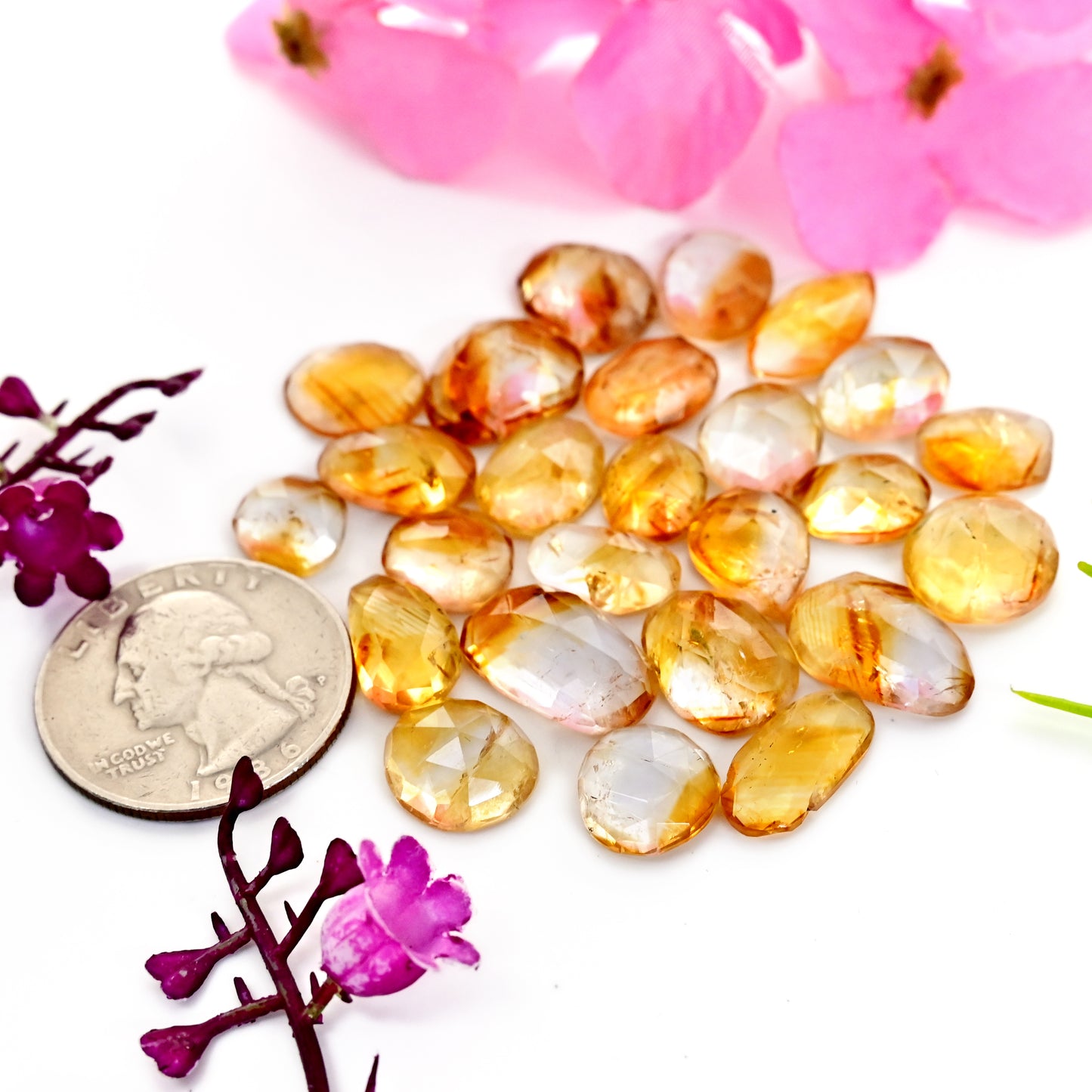 96.30cts Bio Citrine Rose Cut Cabochon 8x16mm - 11x15mm Mix Shape AA Grade Gemstone Parcel -Total 25 Pcs