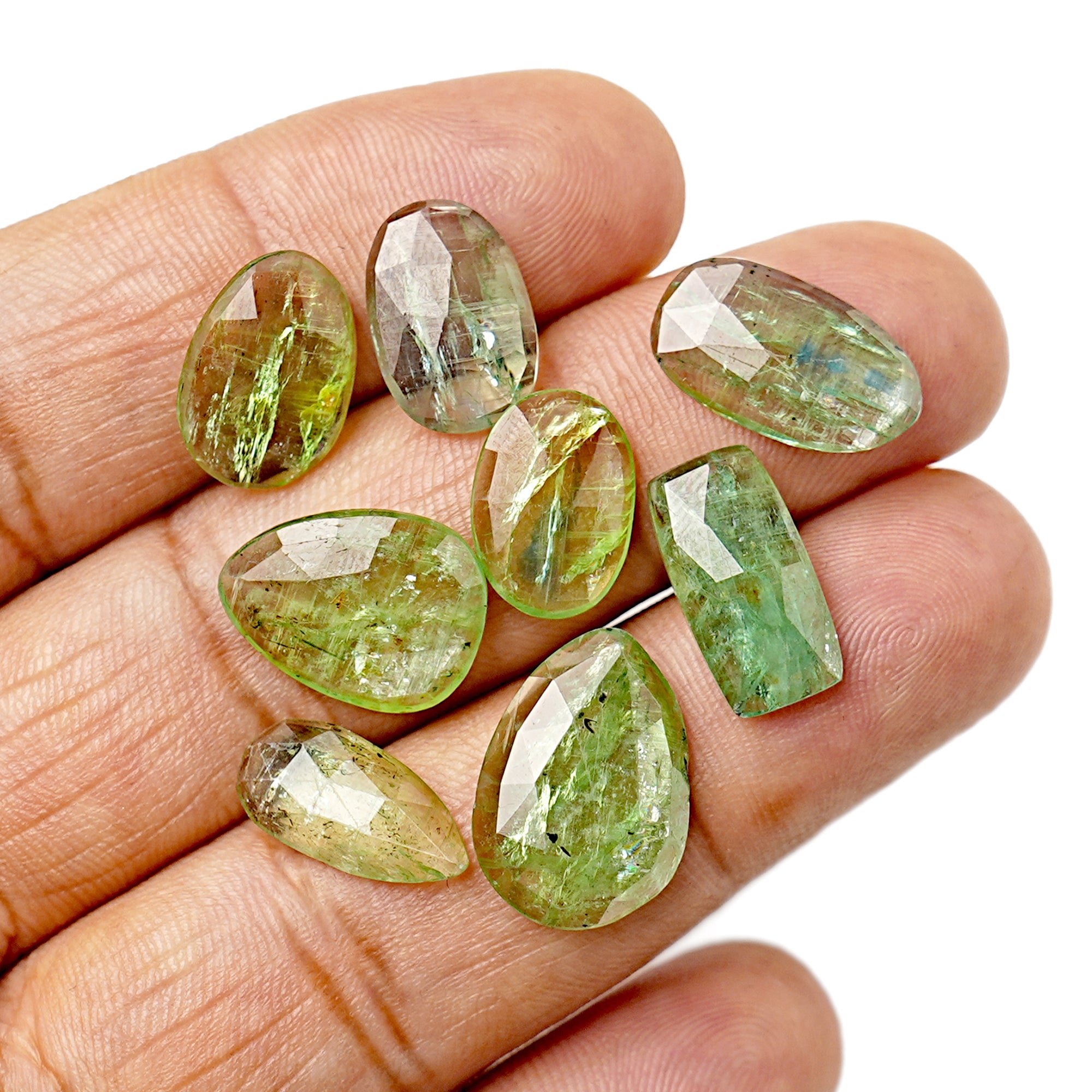 Green Kyanite Rose Cut Cabochons | Freeform Faceted Gemstones for Jewelry Making - 8 Pieces