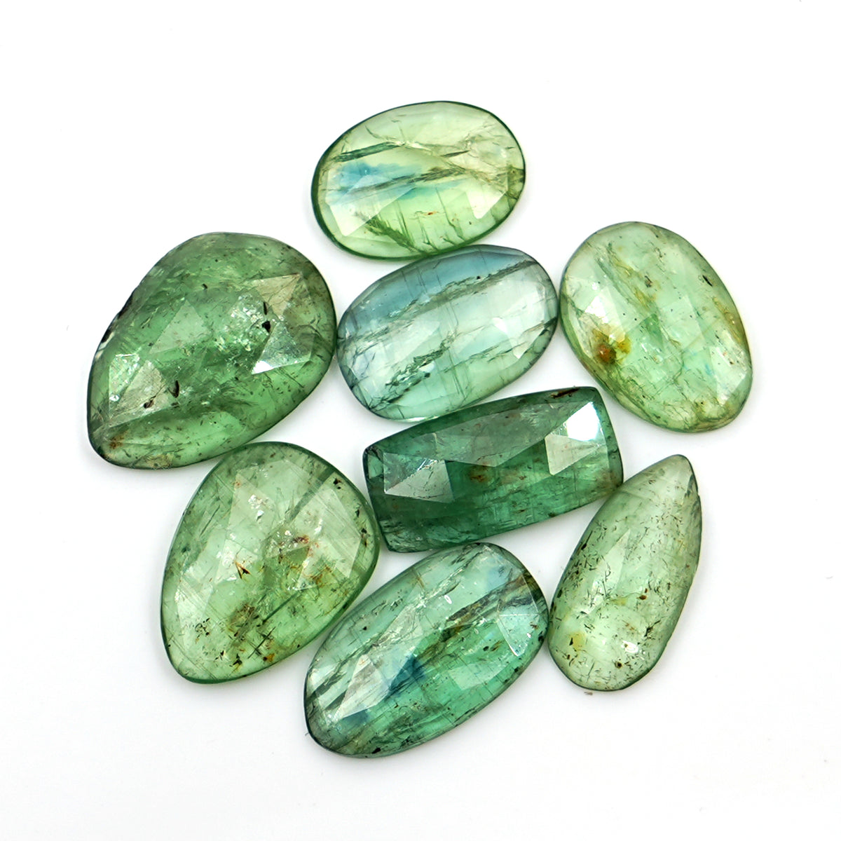 Green Kyanite Rose Cut Cabochons | Freeform Faceted Gemstones for Jewelry Making - 8 Pieces