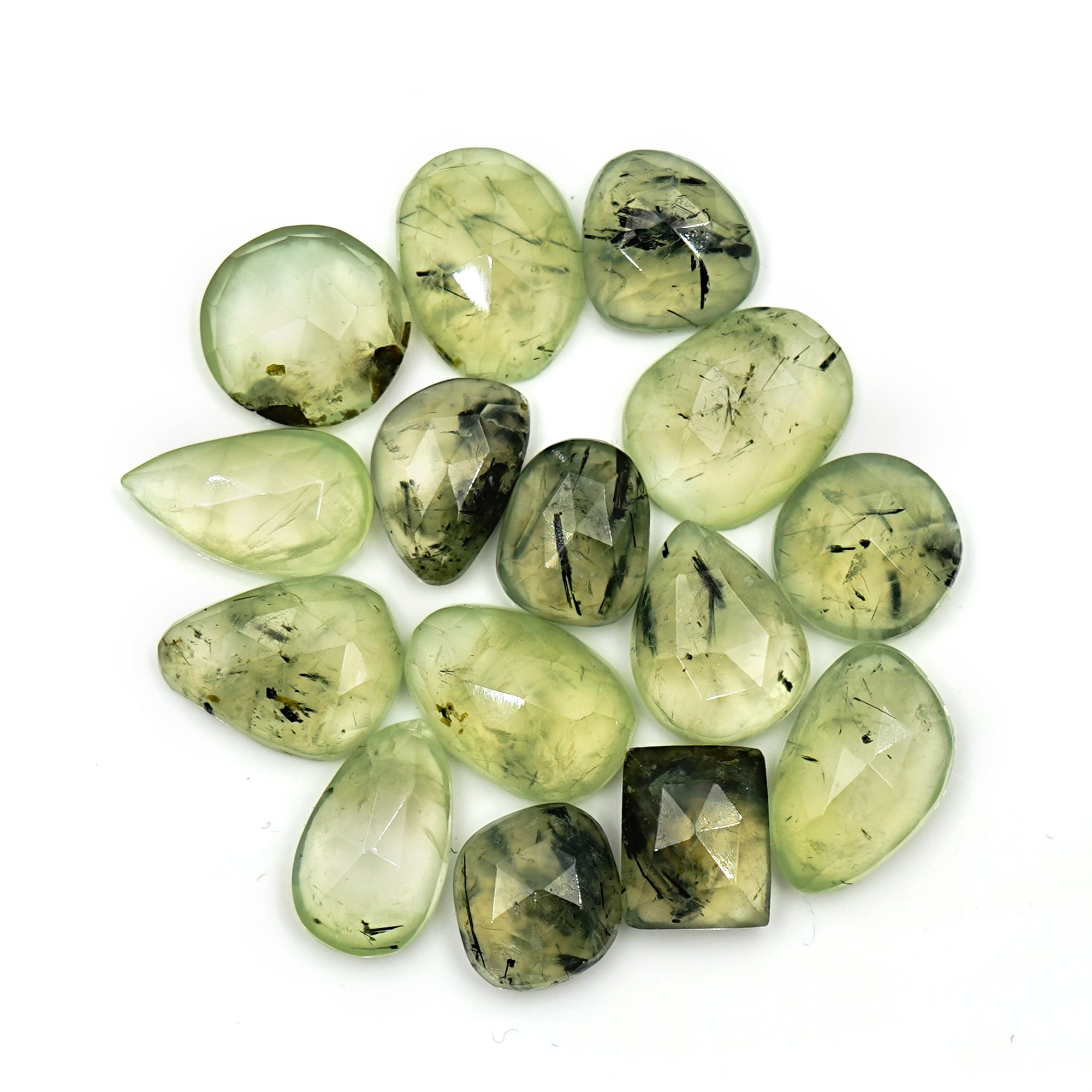 Prehnite Rose Cut Cabochons | Green Gemstones with Black Inclusions for Jewelry Making - 15 Pieces