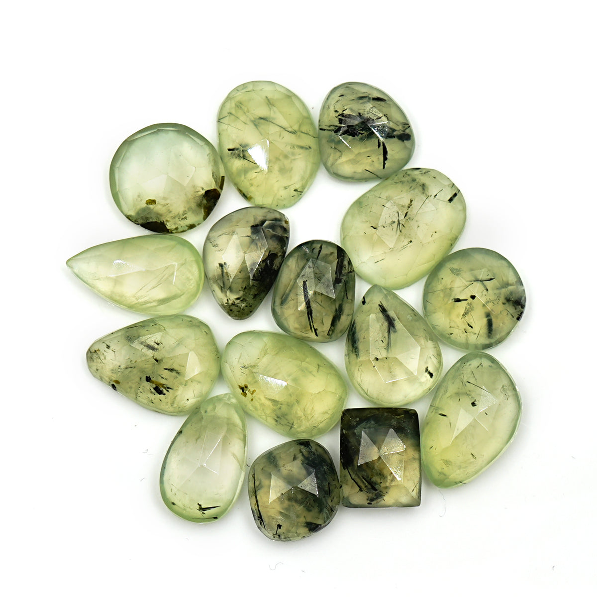 Prehnite Rose Cut Cabochons | Green Gemstones with Black Inclusions for Jewelry Making - 15 Pieces