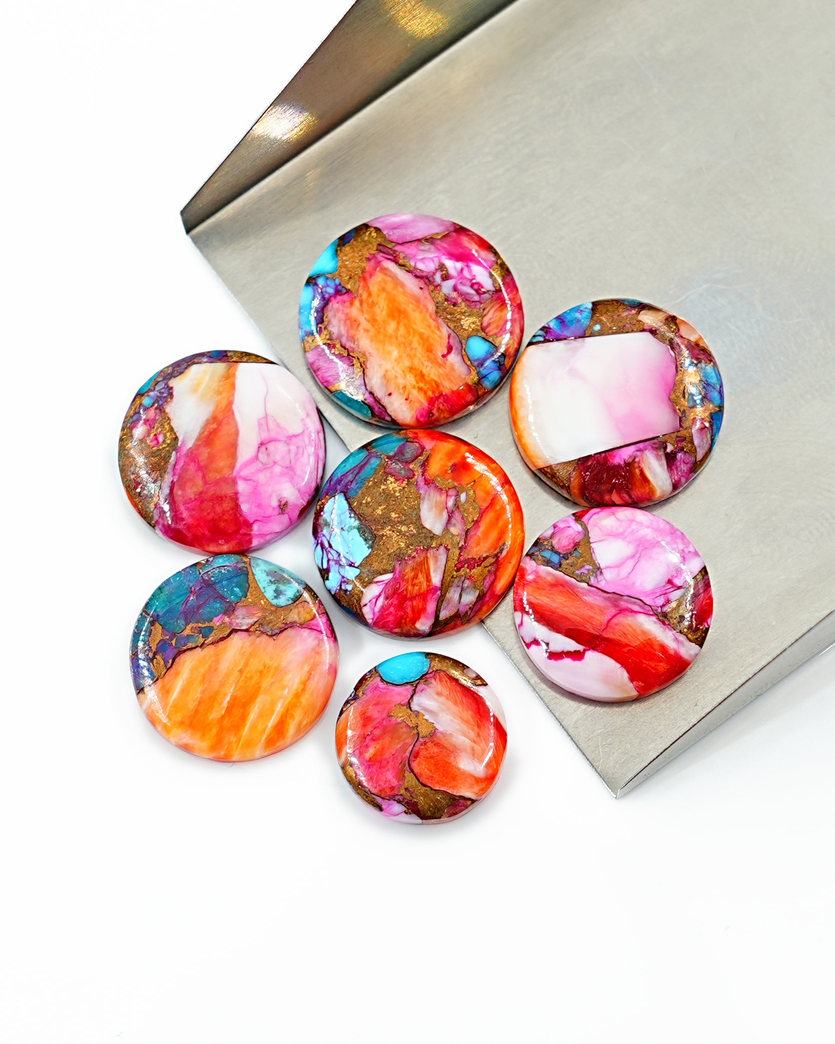 Kingman Pink Dahlia Mohave Turquoise Cabochons | Multicolor Turquoise Cabs for Jewelry Design - 5 Pieces