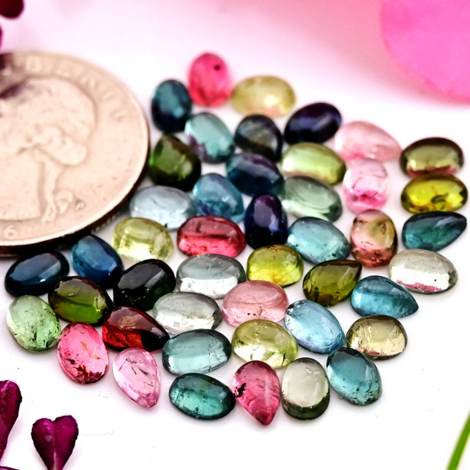 Tourmaline Cabochons 6x4mm Oval & Tear Drop Shape Gemstone Parcel - Total 45 Pcs