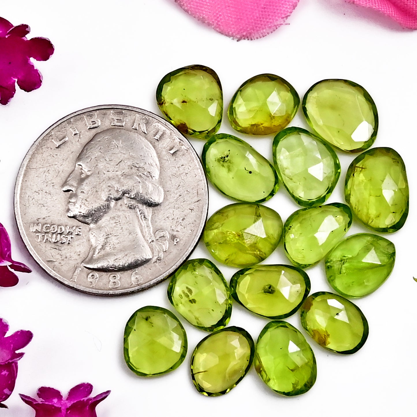 Peridot Rose Cut Cabochons – 6x9mm to 8x11mm, Freeform Shape, 15 Piece Wholesale Gemstone Parcel