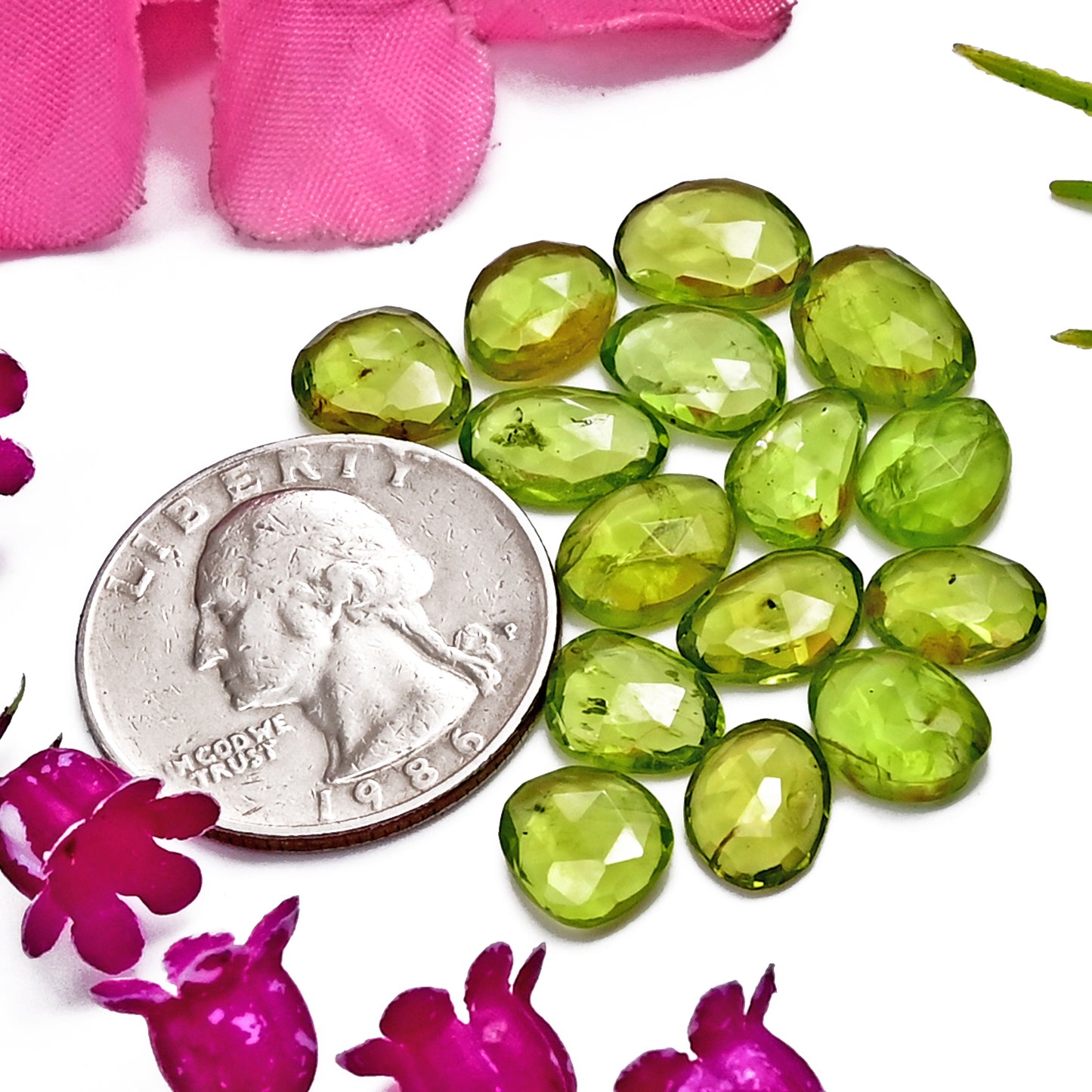 Peridot Rose Cut Cabochons – 6x9mm to 8x11mm, Freeform Shape, 15 Piece Wholesale Gemstone Parcel