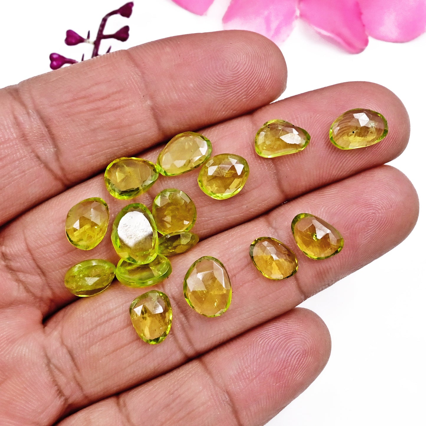 Peridot Rose Cut Cabochons – 6x9mm to 8x11mm, Freeform Shape, 15 Piece Wholesale Gemstone Parcel