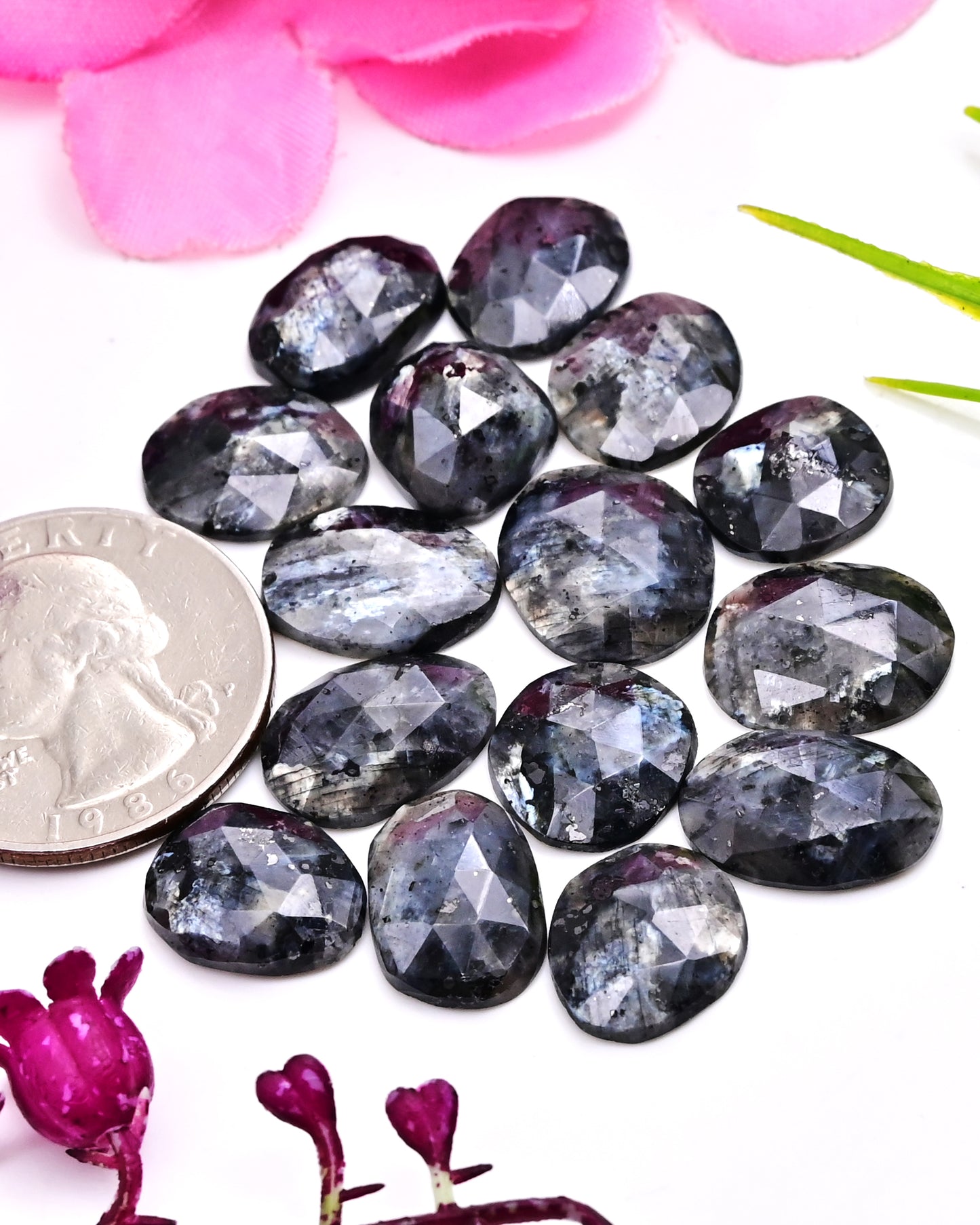 Larvikite Rose Cut Cabochon | 9x13mm - 11x14mm Gemstone Wholesale Parcel | 15-Piece Set for Jewelry Making