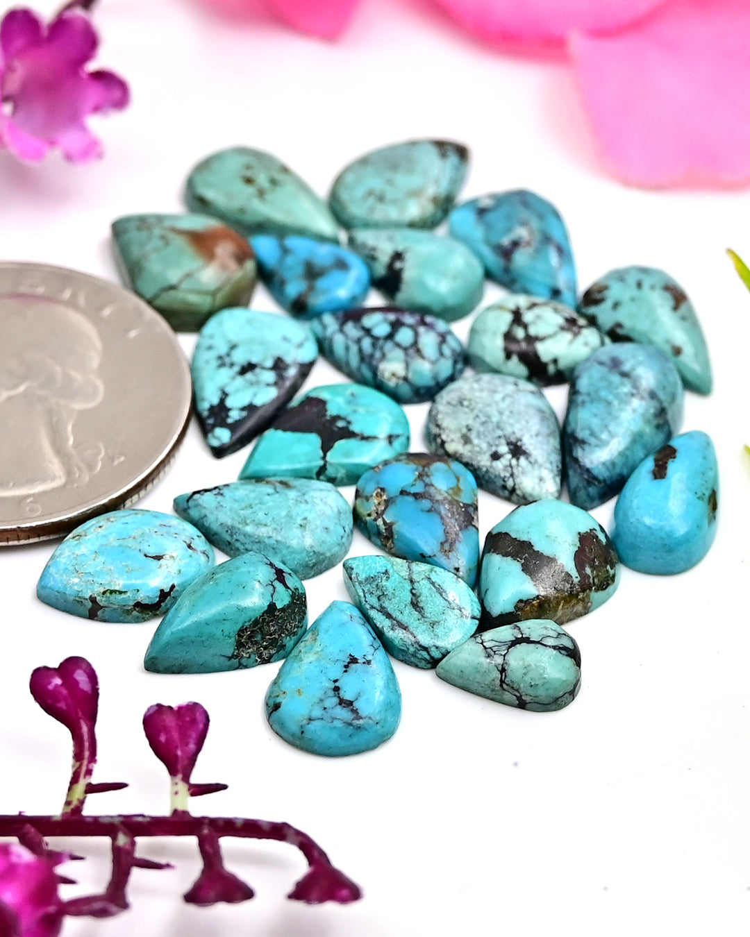 32cts Tibetian Turquoise Rose Cut Cabochon 6X10mm - 8X12mm Mix Shape AA Grade Gemstone Parcel -Total 22 Pcs