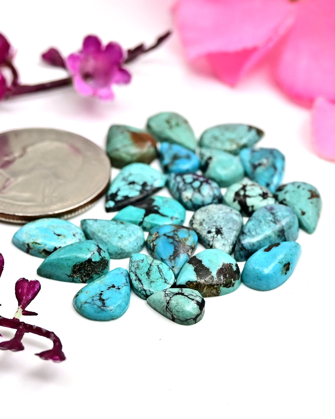 32cts Tibetian Turquoise Rose Cut Cabochon 6X10mm - 8X12mm Mix Shape AA Grade Gemstone Parcel -Total 22 Pcs