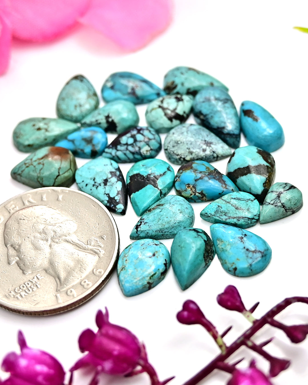 32cts Tibetian Turquoise Rose Cut Cabochon 6X10mm - 8X12mm Mix Shape AA Grade Gemstone Parcel -Total 22 Pcs