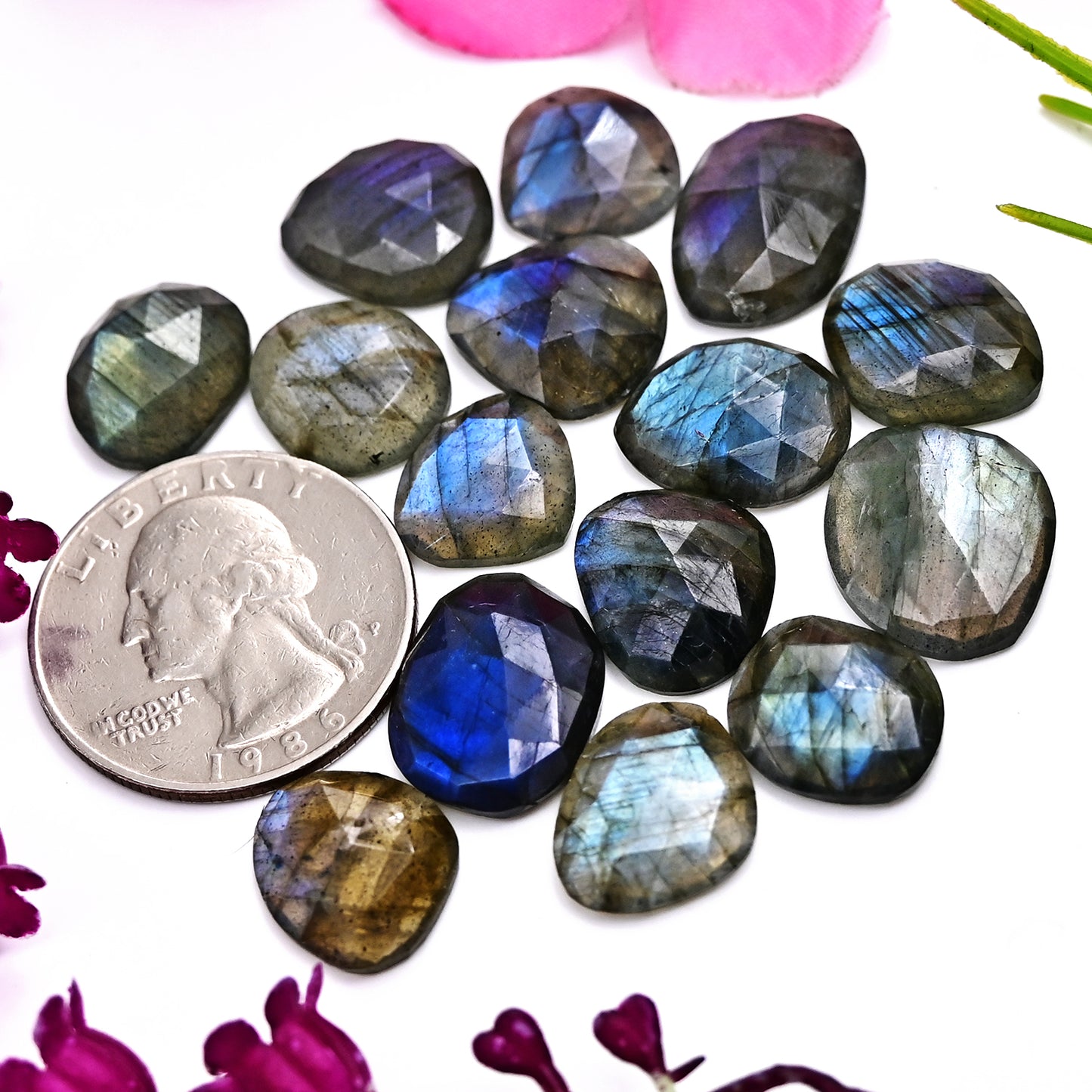 74.30cts Labradorite Rose Cut Cabochon 12x16mm - 11x13mm Mix shape AA Grade Gemstone Parcel - Total 15 Pcs